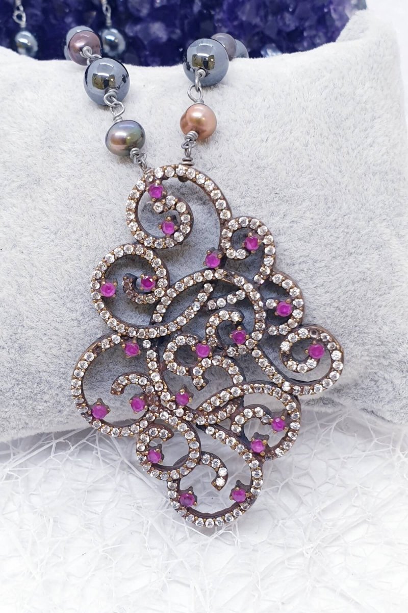 6aa082e25cce0_1788904162.jpg Hematit ve İncili Butik Tasarımlı Kolye - Görsel 1